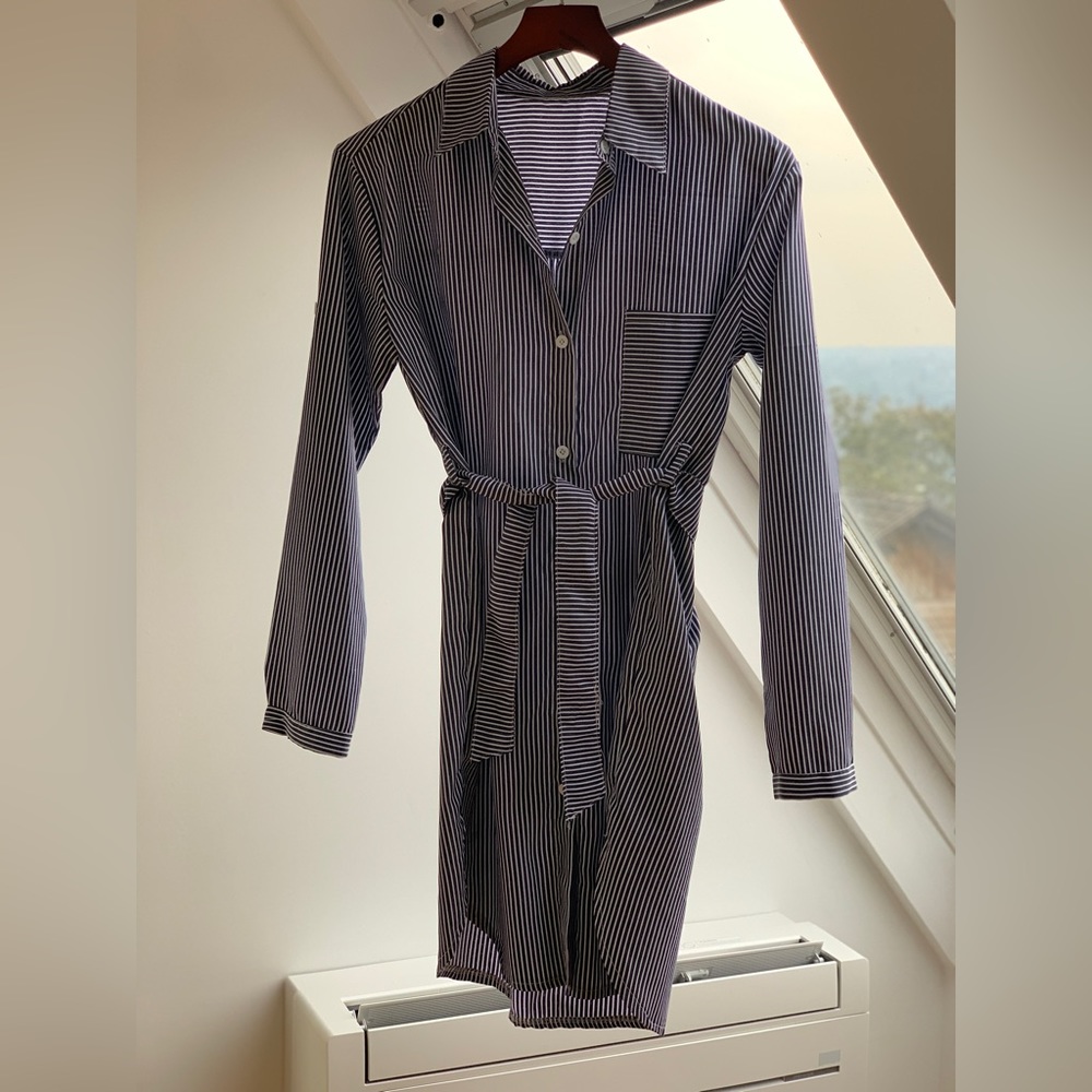 Blue/black and white striped shirt dress